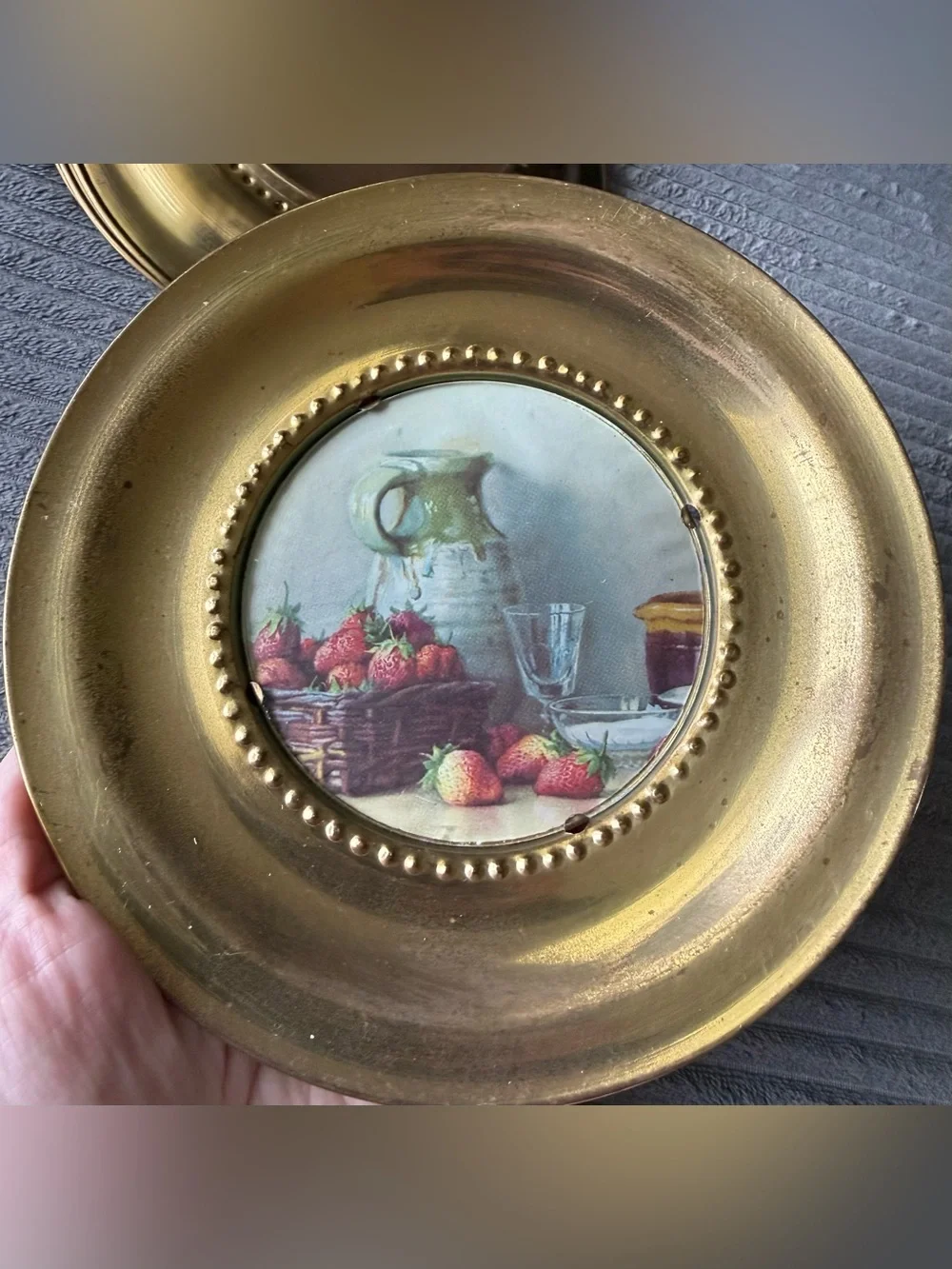 4 VTG Decorative Fruit Basket Wall Plates Mini Still Print Metal Frame England